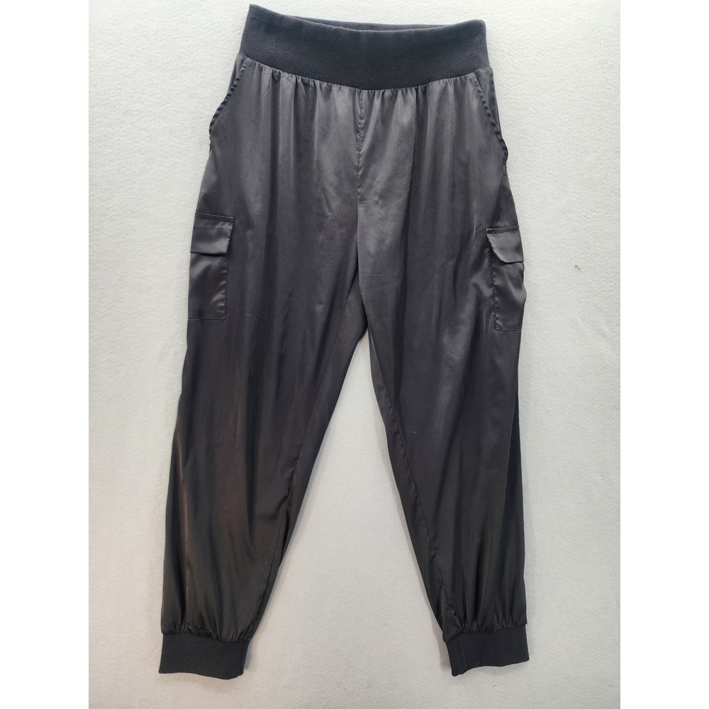 PRETTYGARDEN Black Satin Cargo Joggers Ribbed Waist Silky‎ Utility Pants Large L